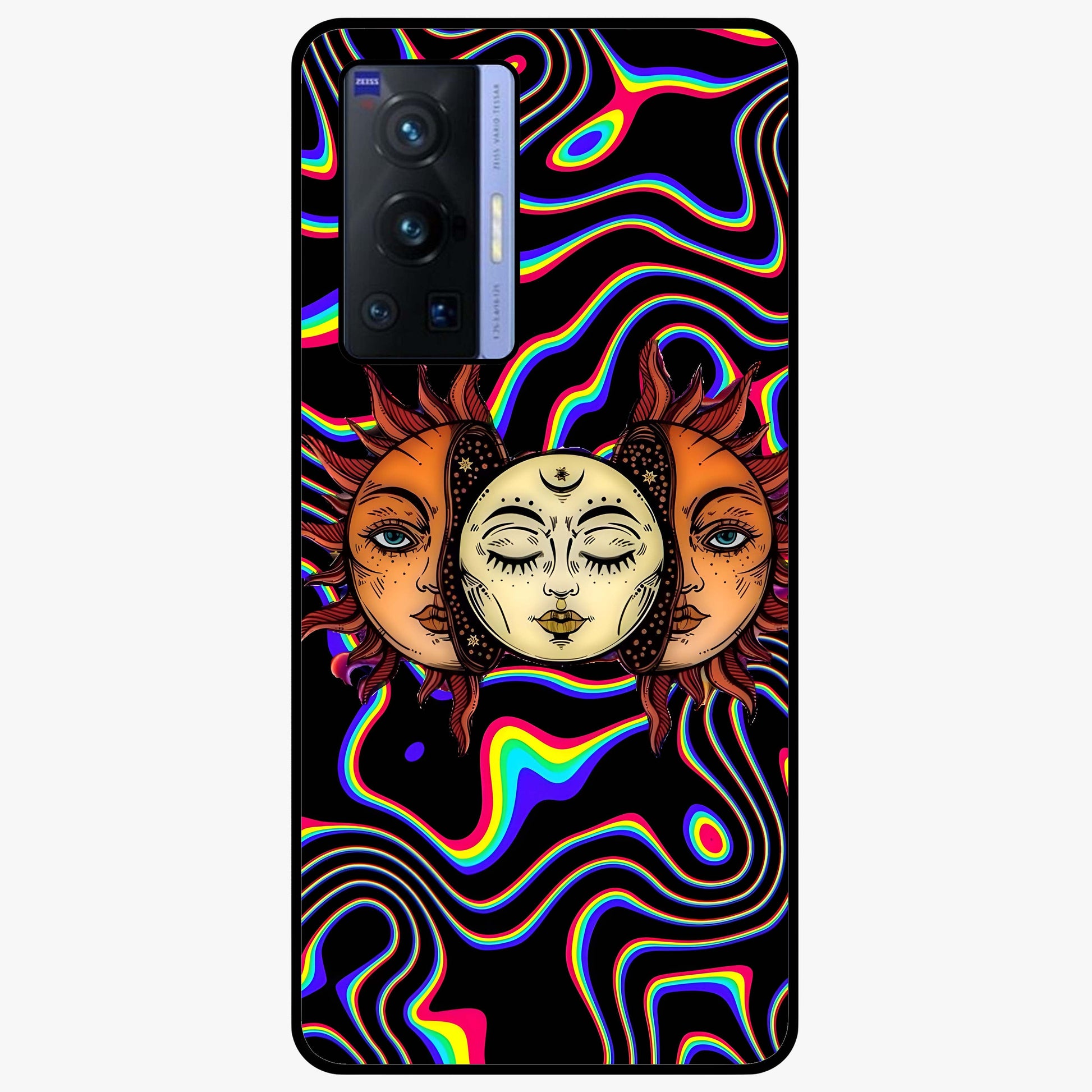 Psychedelic Sun Glass Case showing flat back view with colorful psychedelic sun artwork and glossy glass finish.