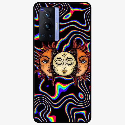 Psychedelic Sun Glass Case showing flat back view with colorful psychedelic sun artwork and glossy glass finish.