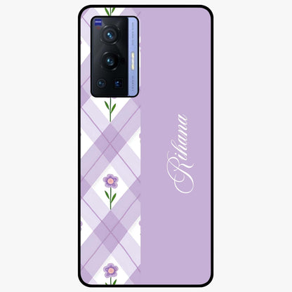 Purple Diamond Floral Glass Case showing flat back view with diamond shaped floral artwork and glossy glass finish.