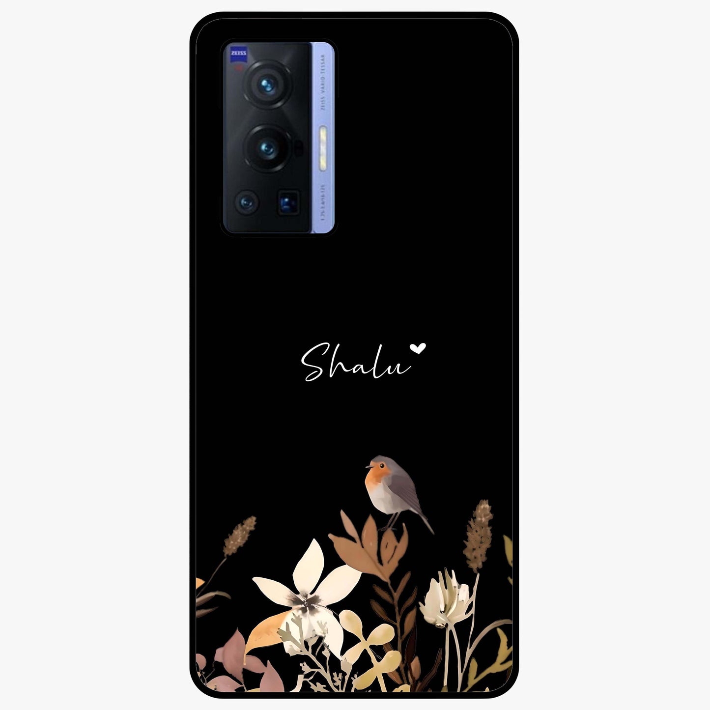 Quiet Garden Tune Custom Name Glass Case showing flat back view with peaceful garden artwork and personalized name design.