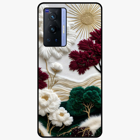 Radiant Bloom Elegance Glass Case showing flat back view with elegant blooming flower artwork and glossy glass finish.