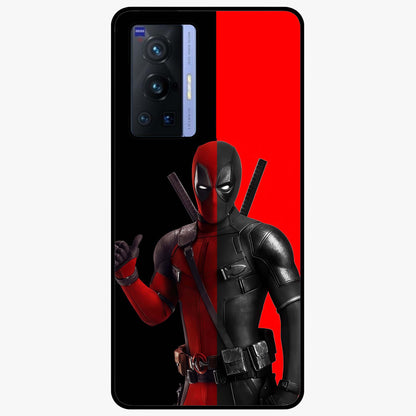 Red & Black Deadpool Theme Glass Case showing flat back view with bold comic inspired artwork and glossy glass finish.