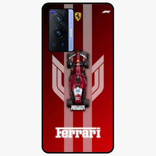 Red Ferrari F1 Vertical Glass Case showing flat back view with sleek Formula racing car artwork and glossy glass finish.