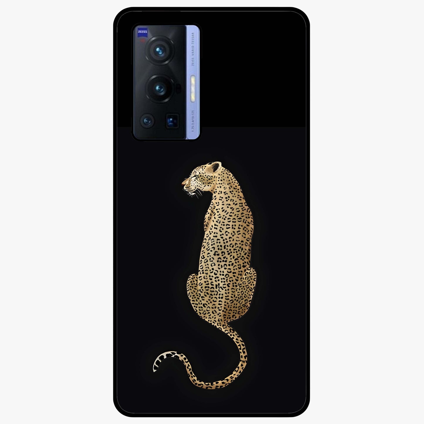 Regal Leopard Glass Case showing flat back view with bold leopard artwork and glossy glass finish.