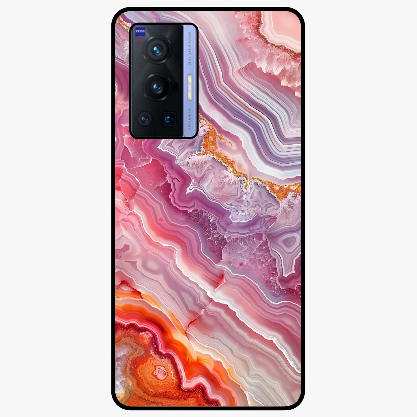 Rose Quartz Marble Glass Case showing flat back view with pink marble quartz texture artwork and glossy glass finish.