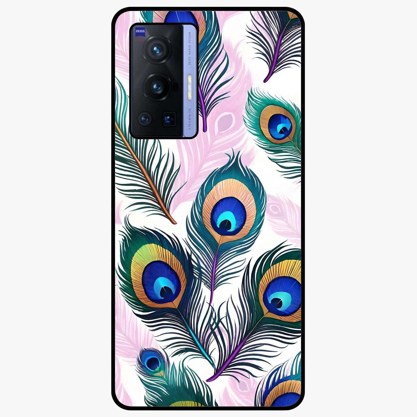 Royal Peacock Feathers Glass Case showing flat back view with colorful peacock feather artwork and glossy glass finish.