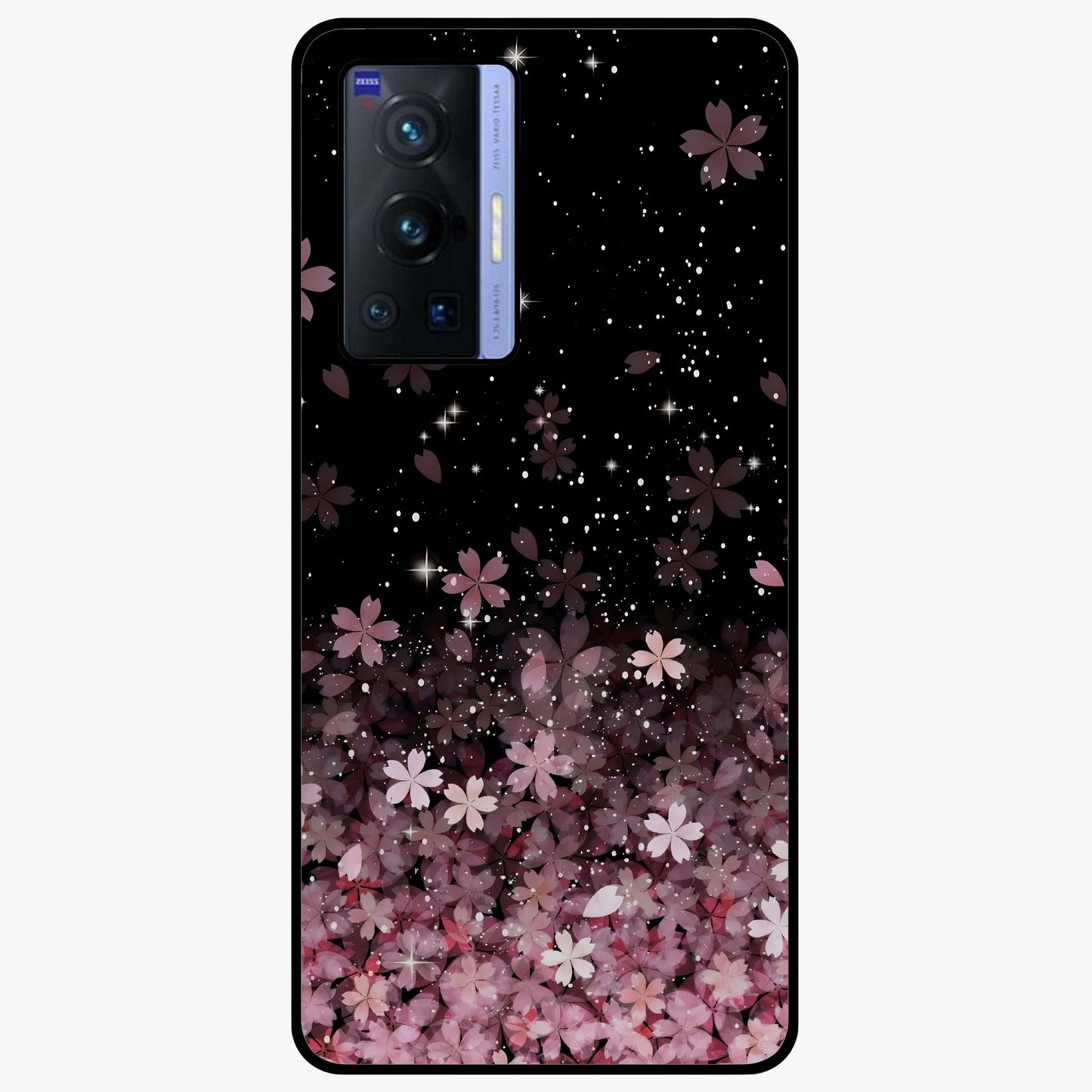 Small Starry Flowers Glass Case showing flat back view with delicate starry floral artwork and glossy glass finish.