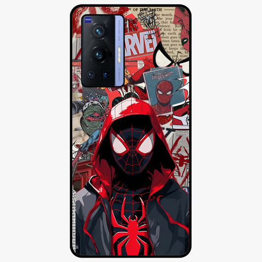 Spider Collage Street Glass Case showing flat back view with vibrant superhero collage artwork and glossy glass finish.
