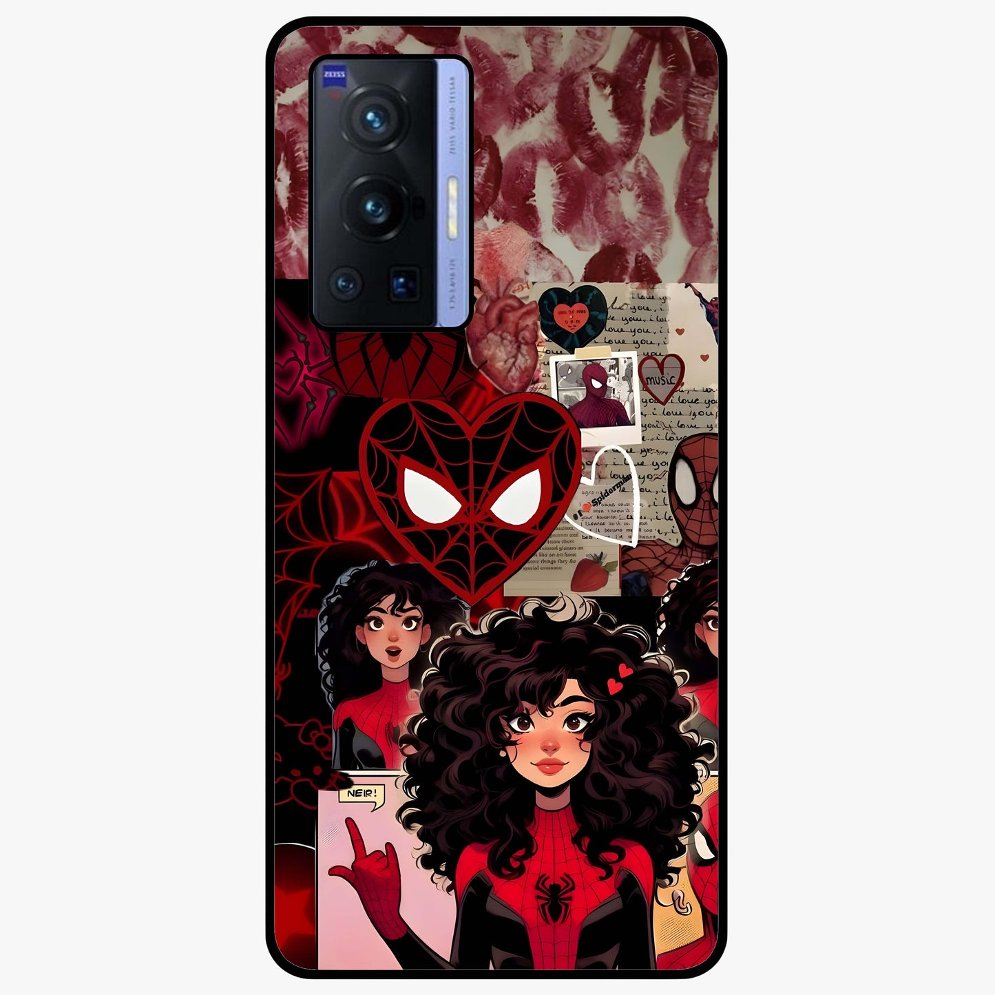 Spider Love Story Glass Case showing flat back view with romantic superhero themed artwork and glossy glass finish.
