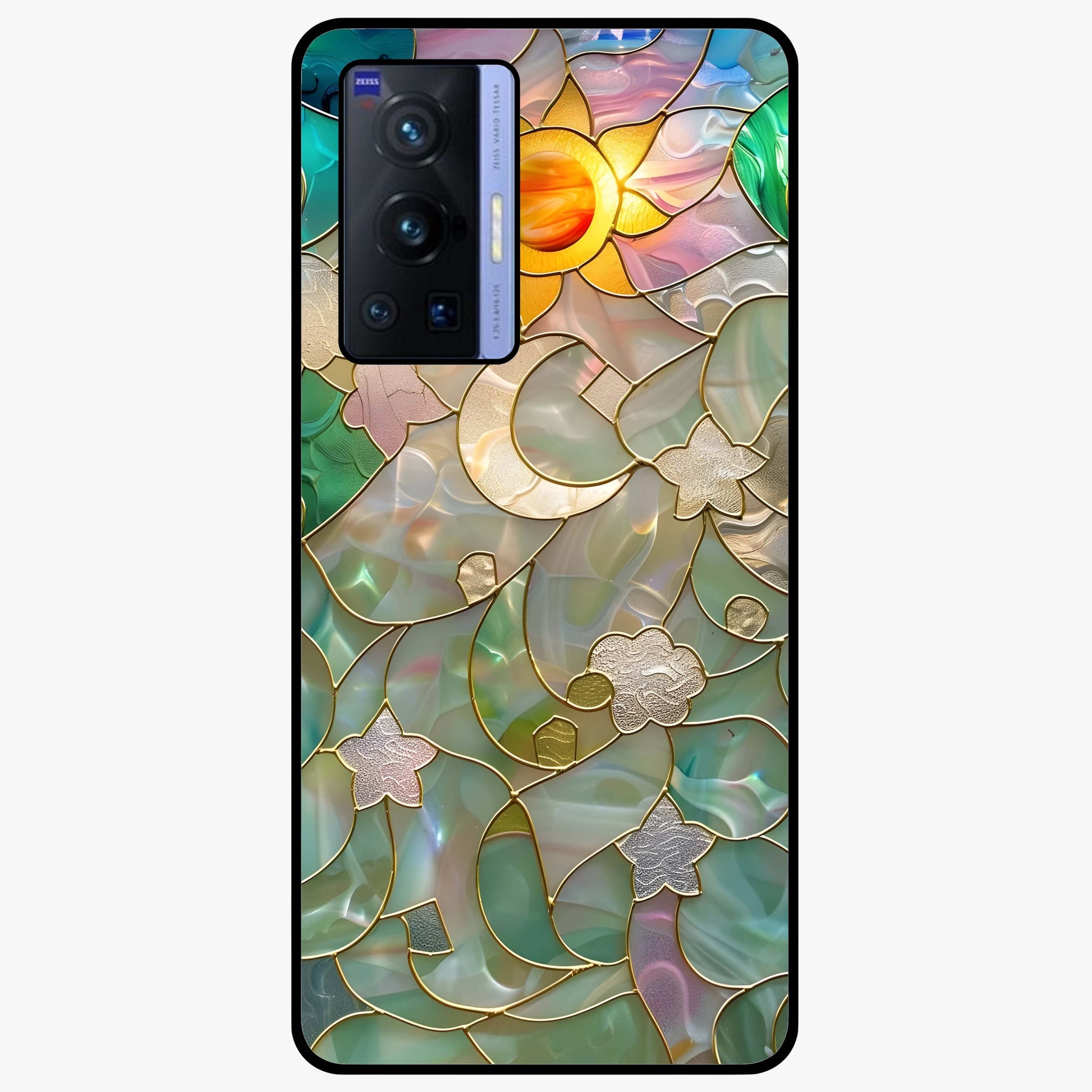 Stained Sunrise Glow Glass Case showing flat back view with glowing sunrise stained pattern artwork and glossy glass finish.