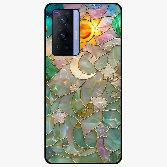 Stained Sunrise Glow Glass Case showing flat back view with glowing sunrise stained pattern artwork and glossy glass finish.