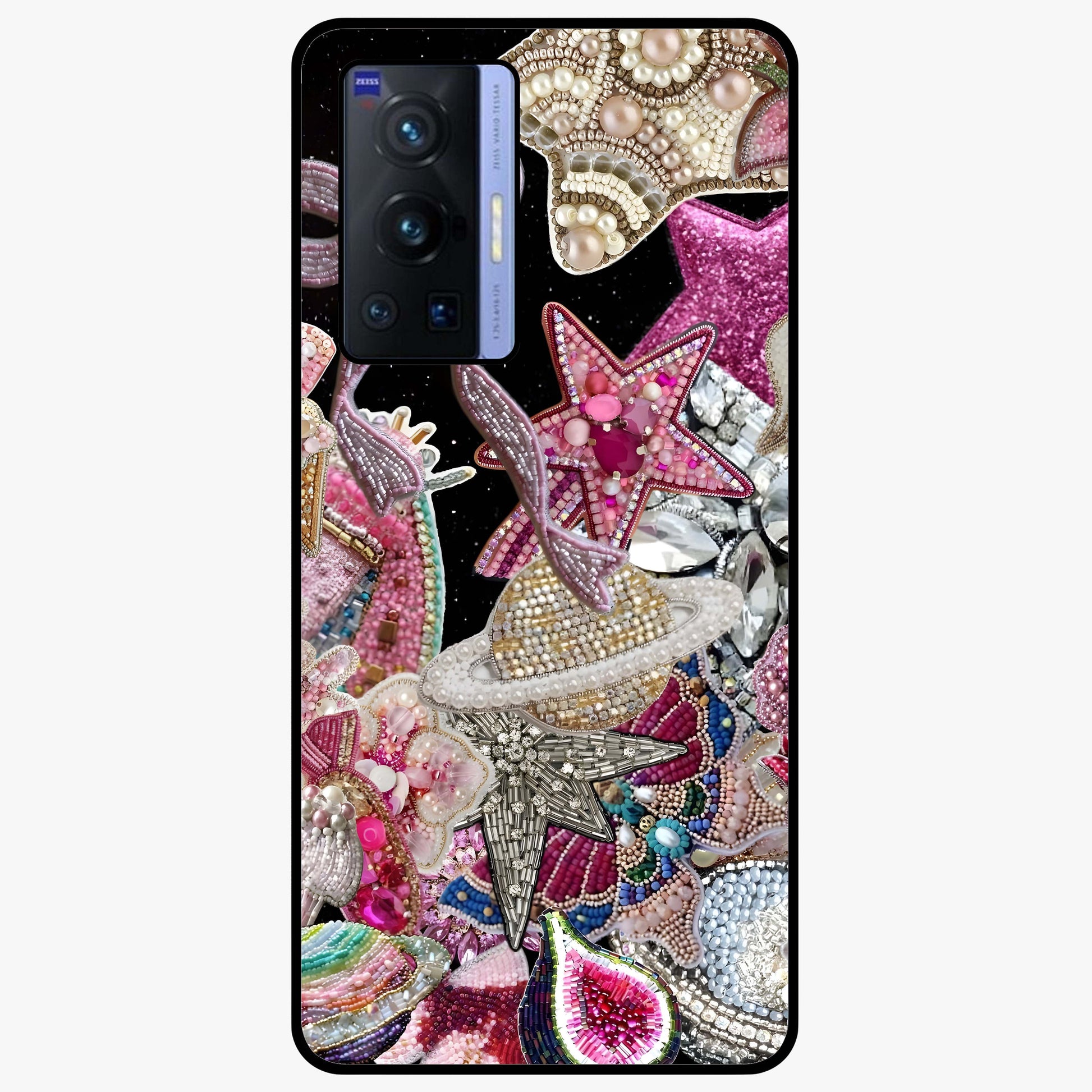 Starlit Jewel Dream Glass Case showing flat back view with sparkling jewel and star themed artwork and glossy glass finish.