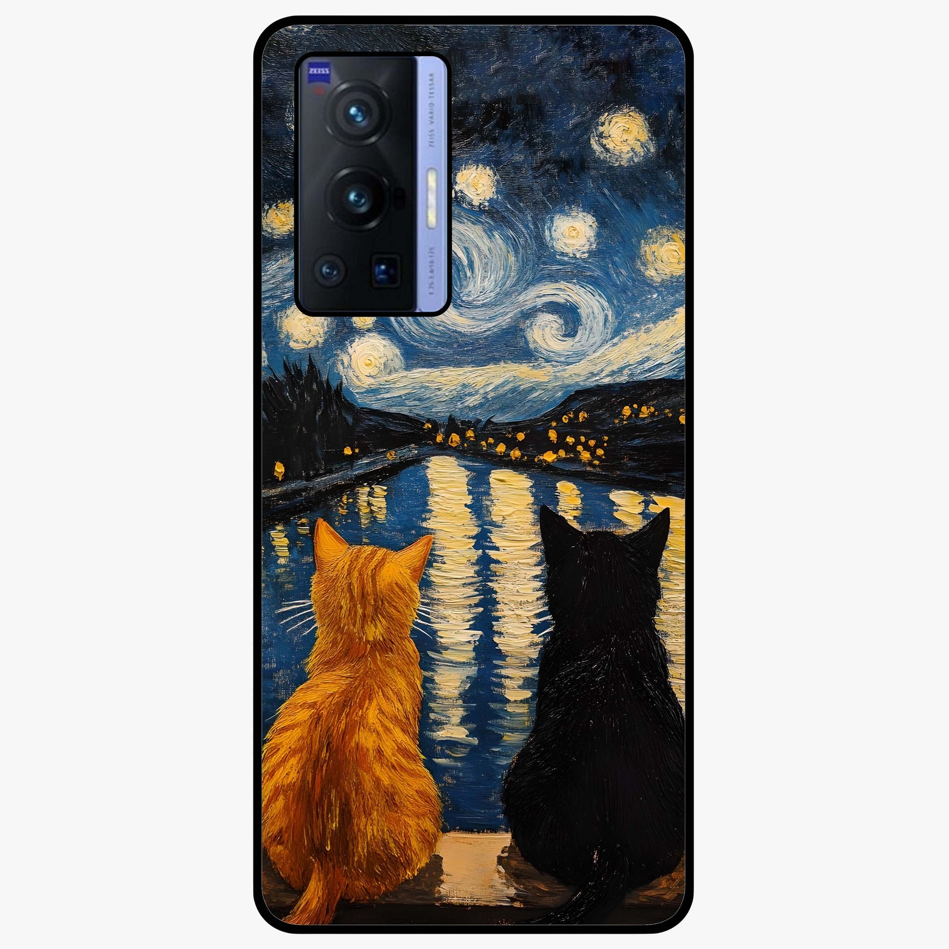 Starry River Cats Glass Case showing flat back view with cats by a starry river artwork and glossy glass finish.