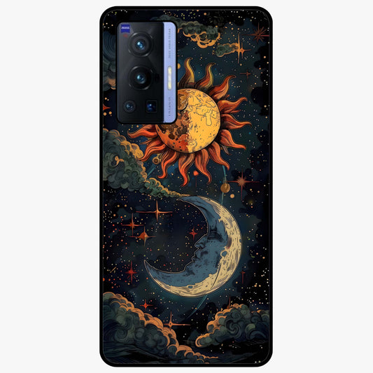 Sun And Moon Magic Design Glass Case showing flat back view with mystical sun and moon artwork and glossy glass finish.