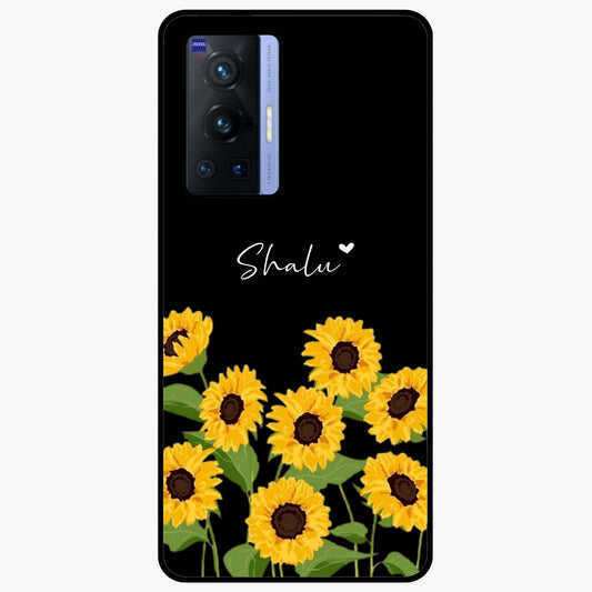 Sunflower Chic Mood Custom Name Glass Case showing flat back view with stylish sunflower artwork and personalized name design.