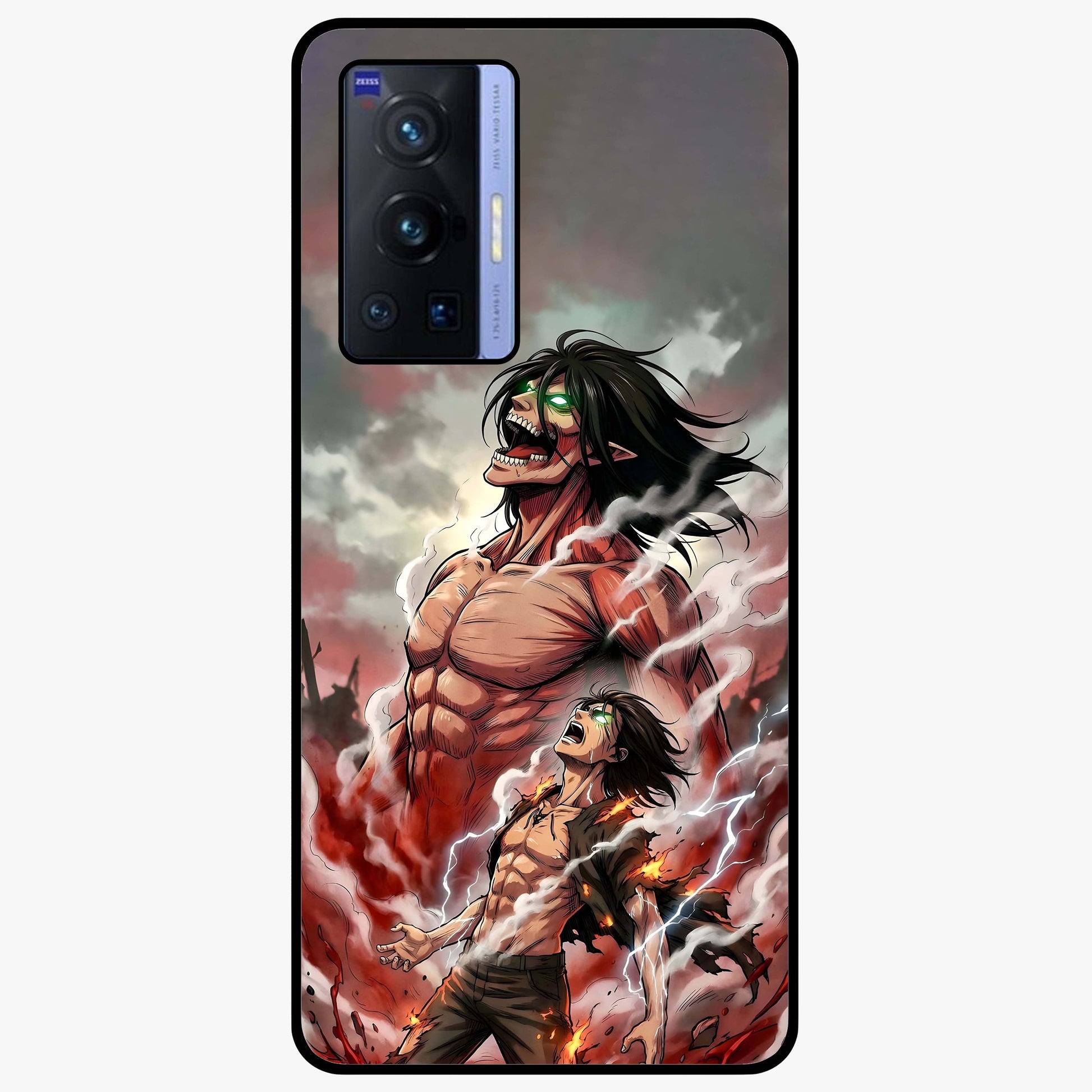 Titan Awakening Fury Glass Case showing flat back view with powerful titan inspired artwork and glossy glass finish.