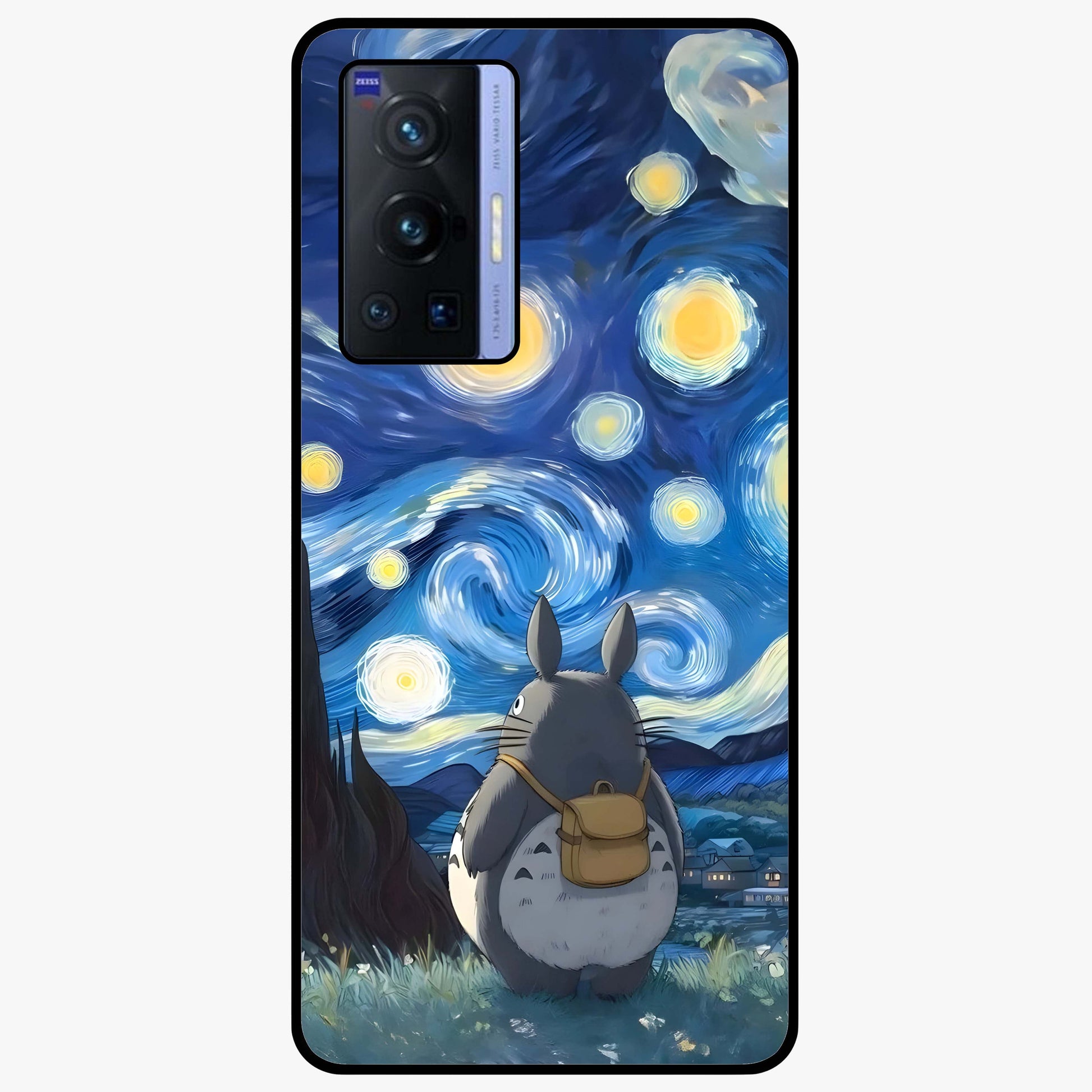 Totoro In Van Gogh Art Glass Case showing flat back view with whimsical character artwork inspired by Van Gogh style and glossy glass finish.
