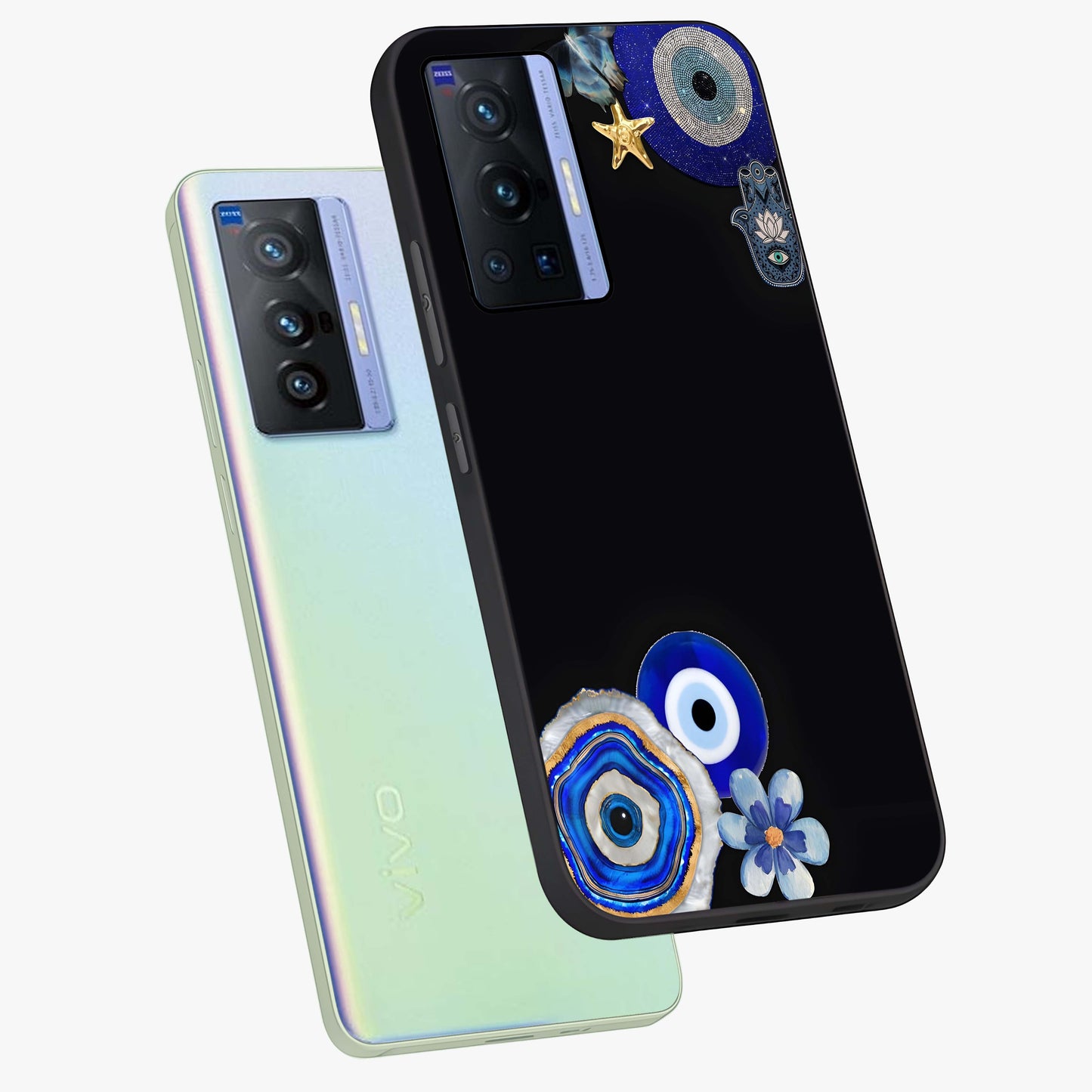 Aesthetic Blue Evil Eye Glass Case displayed in angled mockup highlighting blue evil eye symbol and spiritual aesthetic design.