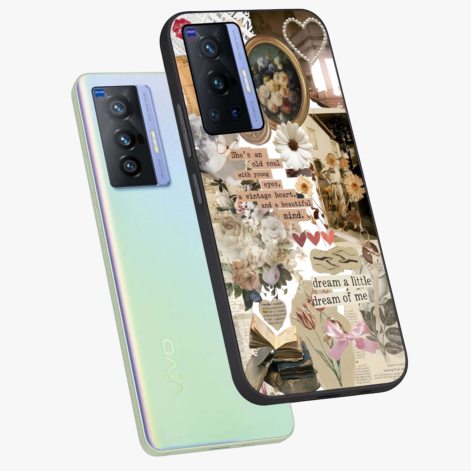 Aesthetic Brown Vintage Collage Glass Case displayed in angled mockup highlighting vintage aesthetic collage design.