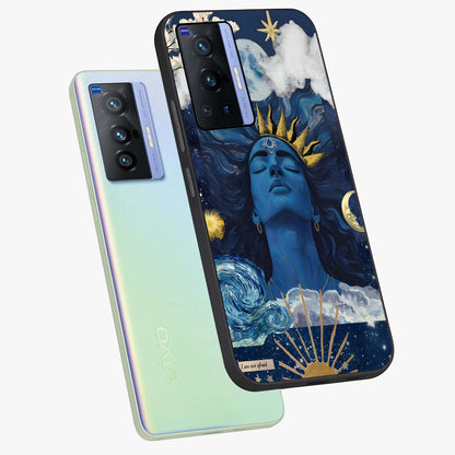 Aesthetic Lord Shiva Glass Case displayed in angled mockup highlighting spiritual Shiva illustration and sacred aesthetic design.