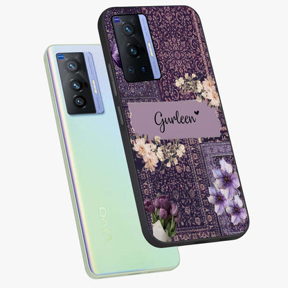 Antique Floral Whisper Custom Name Glass Case displayed in angled mockup highlighting elegant antique floral aesthetic.