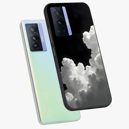 Black Background With White Cloud Glass Case displayed in angled mockup highlighting soft white cloud illustration and minimal design.