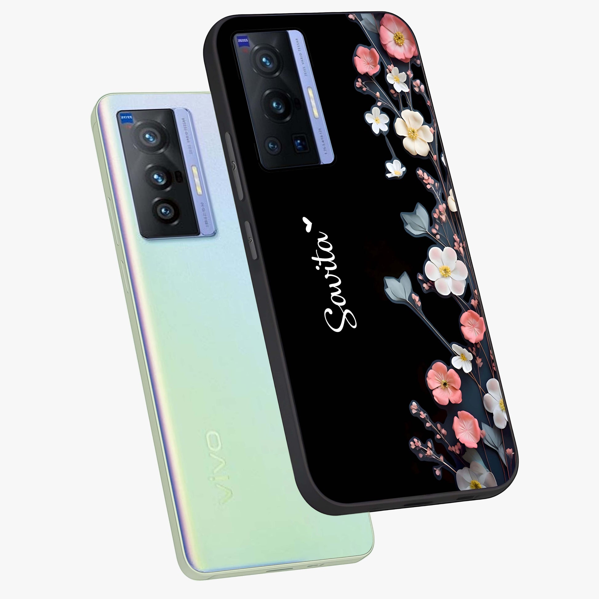 Black Elegance Floral Custom Name Glass Case displayed in angled mockup highlighting dark floral aesthetic and custom name feature.