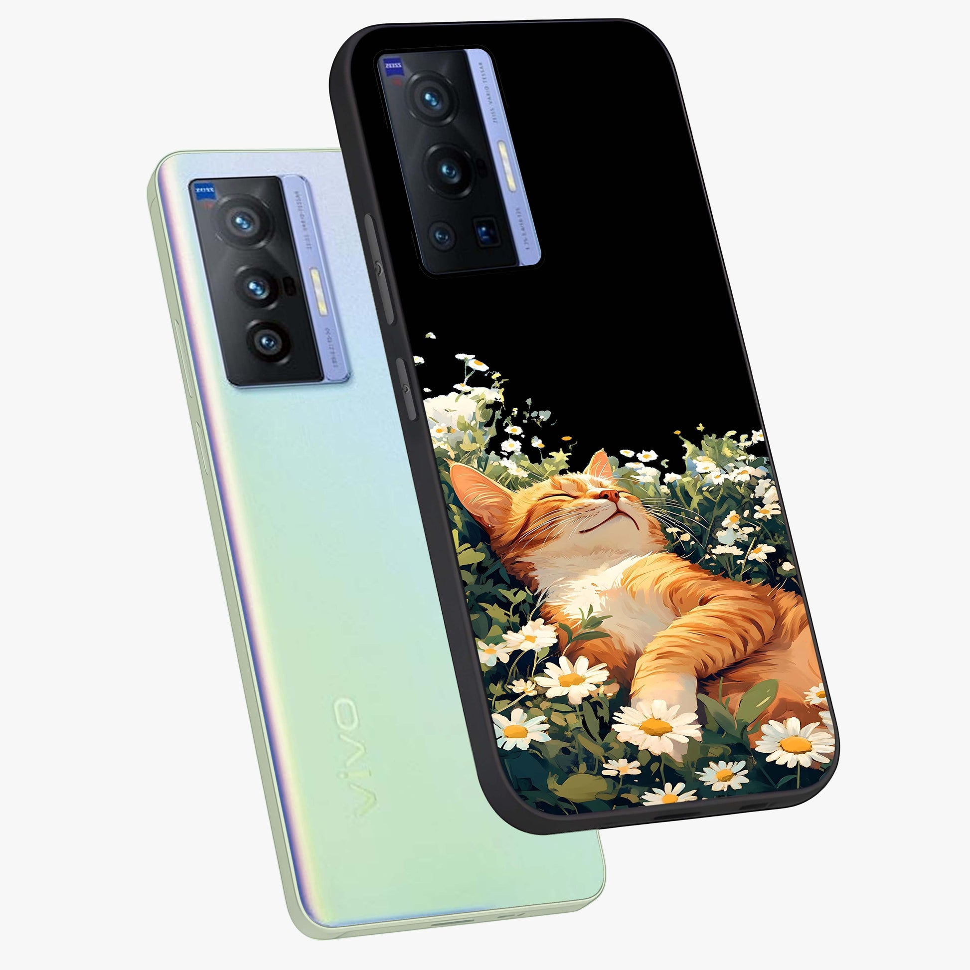 Blissful Bloom Cat Glass Case displayed in angled mockup highlighting playful feline illustration with soft floral aesthetic.