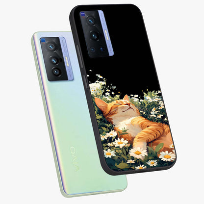Blissful Bloom Cat Glass Case displayed in angled mockup highlighting playful feline illustration with soft floral aesthetic.