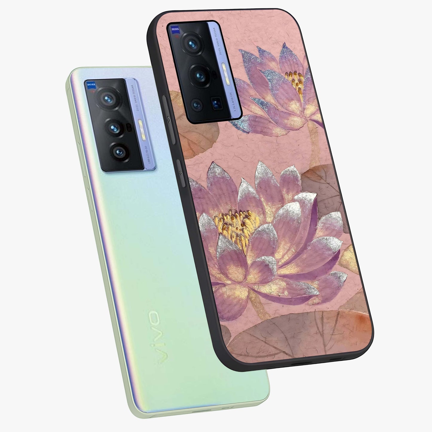 Blossom Mist Lotus Glass Case displayed in angled mockup highlighting delicate lotus illustration with calm aesthetic theme.