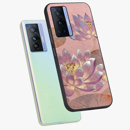 Blossom Mist Lotus Glass Case displayed in angled mockup highlighting delicate lotus illustration with calm aesthetic theme.