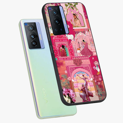 Blossoms of Rajasthan Glass Case displayed in angled mockup highlighting vibrant floral pattern with cultural aesthetic style.