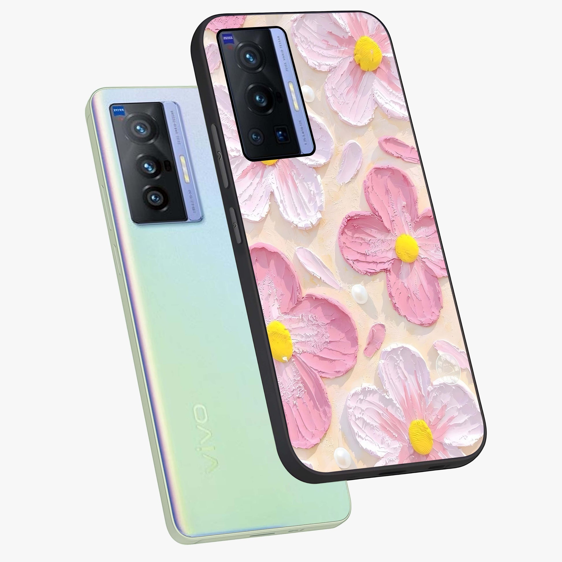 Blush Bloom Texture Glass Case displayed in angled mockup highlighting subtle bloom pattern with aesthetic pastel design.