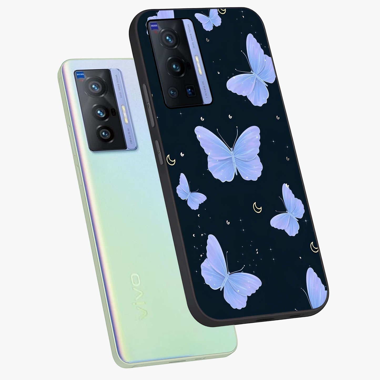 Butterfly With Stars Pattern Glass Case displayed in angled mockup highlighting dreamy butterfly and star design with aesthetic theme.