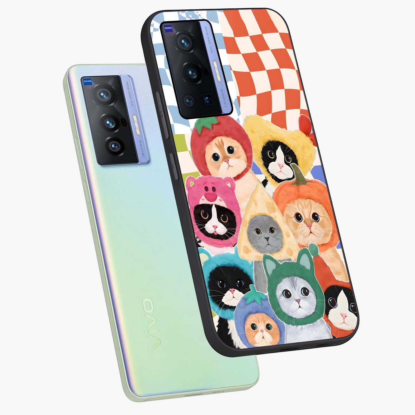 Cats in Fruits Glass Case displayed in angled mockup highlighting cute feline fruit design with colorful aesthetic style.