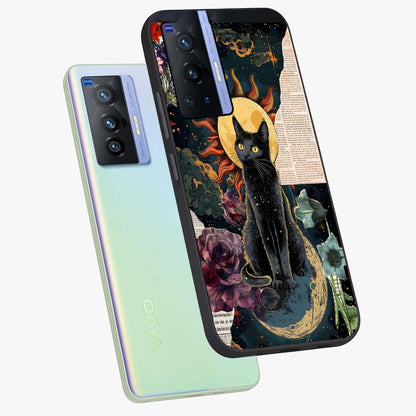 Celestial Black Cat Glass Case displayed in angled mockup highlighting cosmic black cat design with celestial aesthetic.
