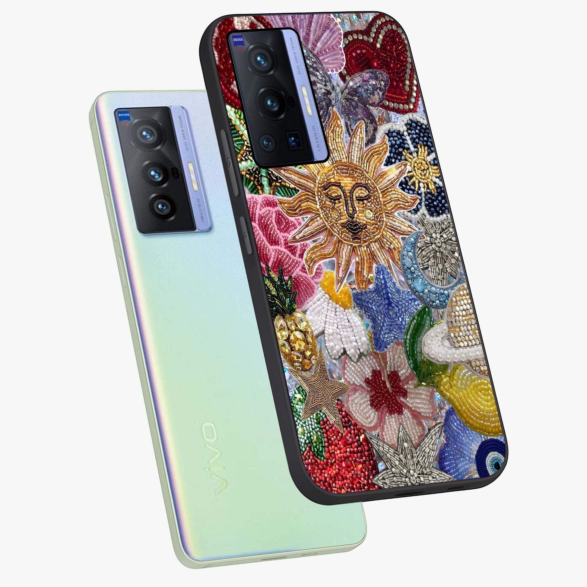 Celestial Floral and Playful Glass Case displayed in angled mockup highlighting playful floral design with dreamy celestial elements.