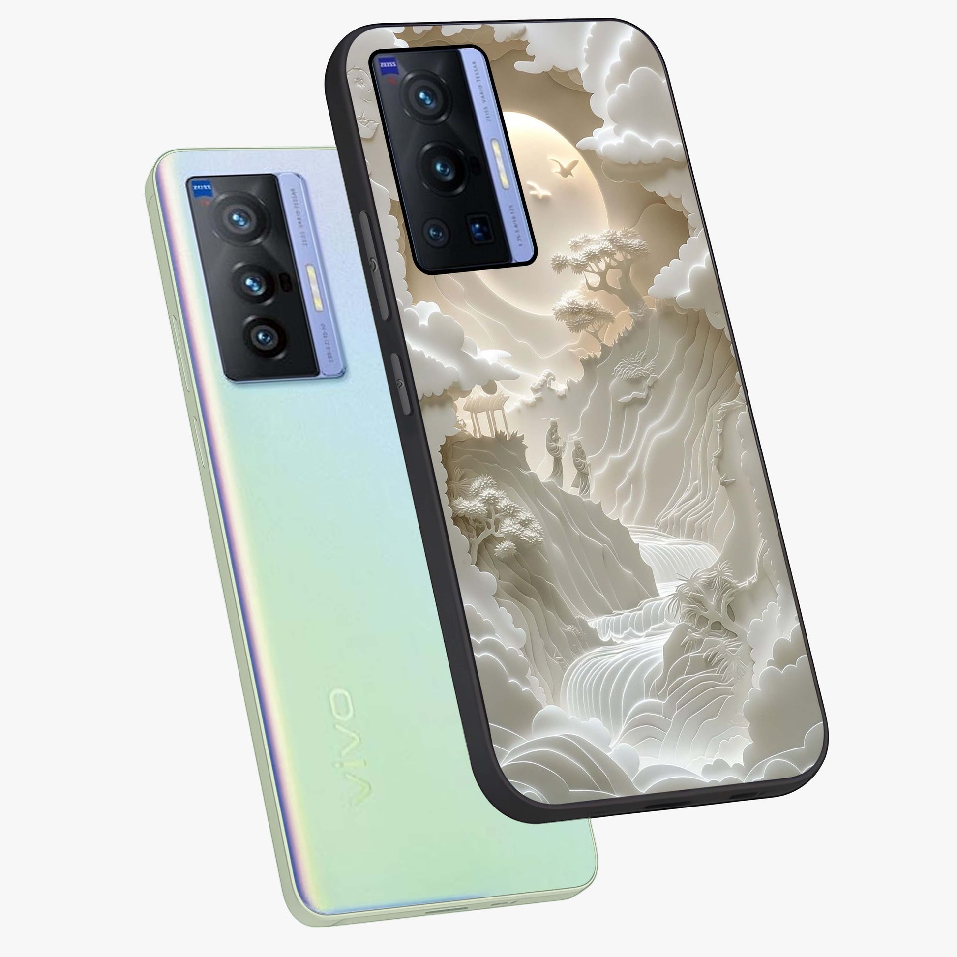 Celestial Origami Glass Case displayed in angled mockup highlighting geometric origami design with cosmic aesthetic theme.