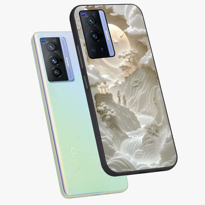 Celestial Origami Glass Case displayed in angled mockup highlighting geometric origami design with cosmic aesthetic theme.