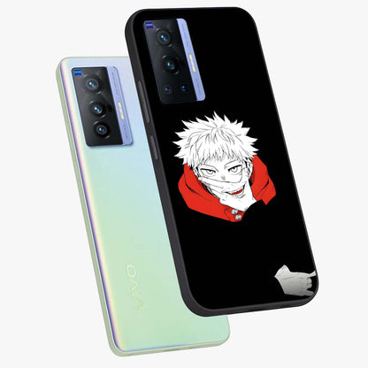 Crimson Chaos Smile Glass Case displayed in angled mockup highlighting edgy crimson smile design with graphic aesthetic.
