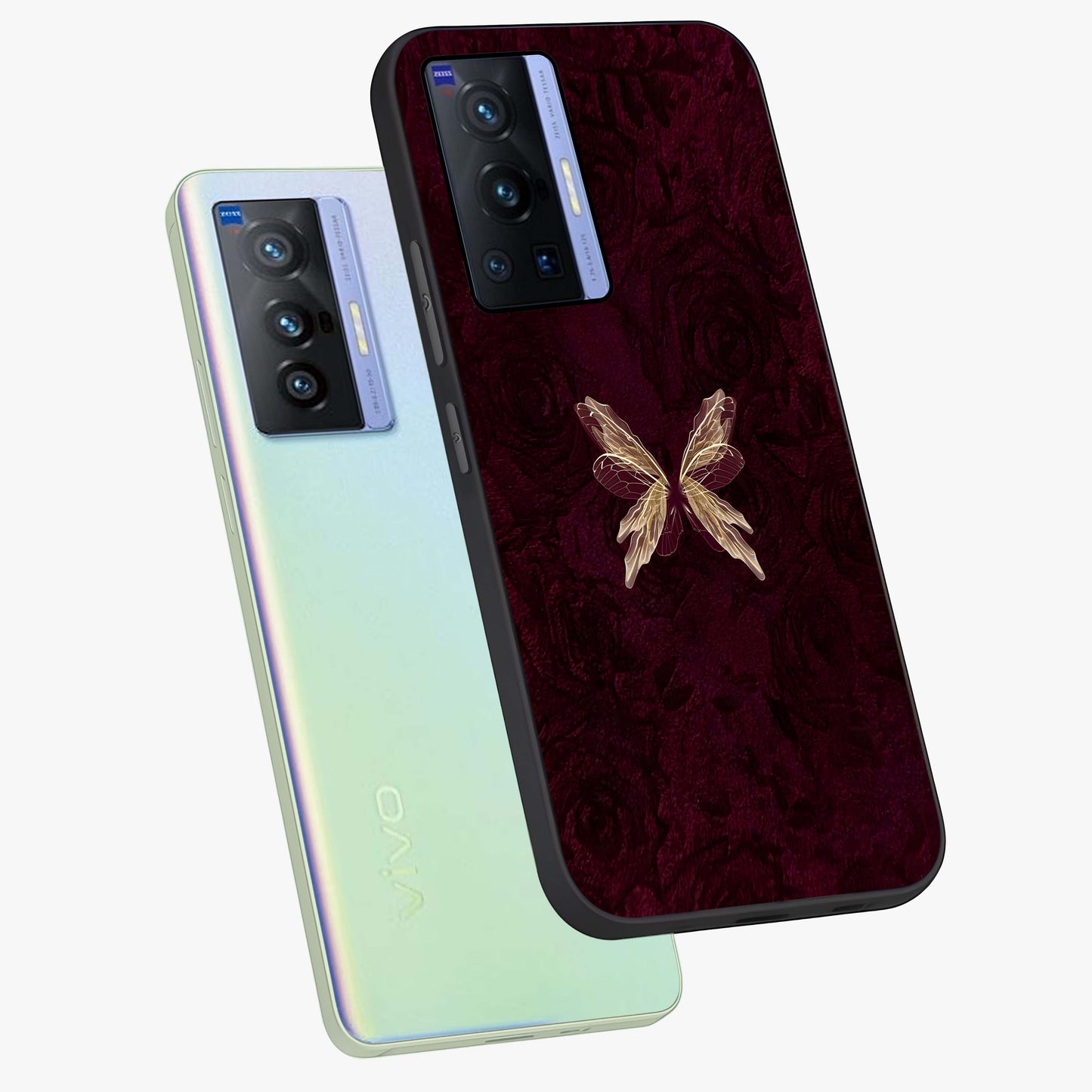 Crimson Fade Butterfly Glass Case displayed in angled mockup highlighting elegant butterfly design with crimson gradient aesthetic.