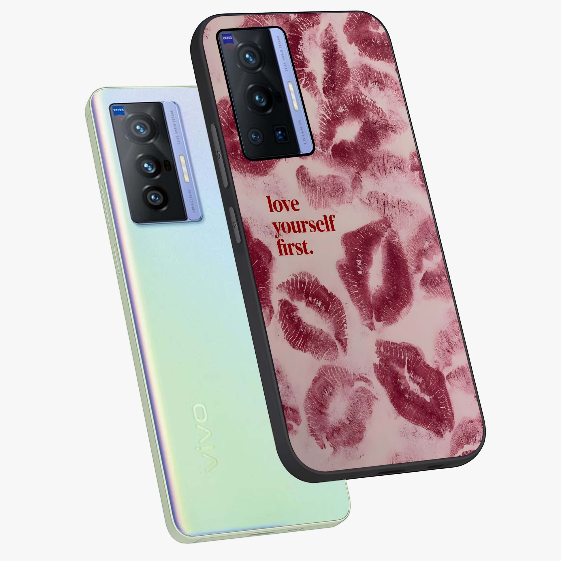 Crimson Kiss Love Glass Case displayed in angled mockup highlighting bold love inspired design with modern aesthetic style.