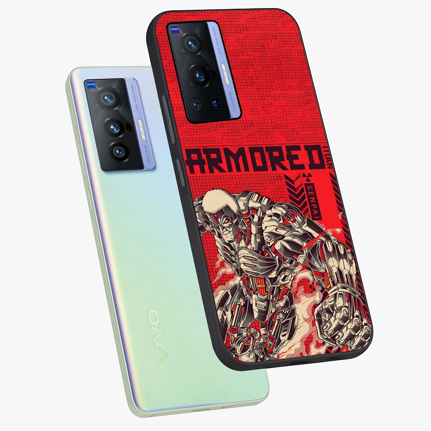 Crimson Mecha Titan Glass Case displayed in angled mockup highlighting futuristic mech illustration with bold crimson aesthetic.