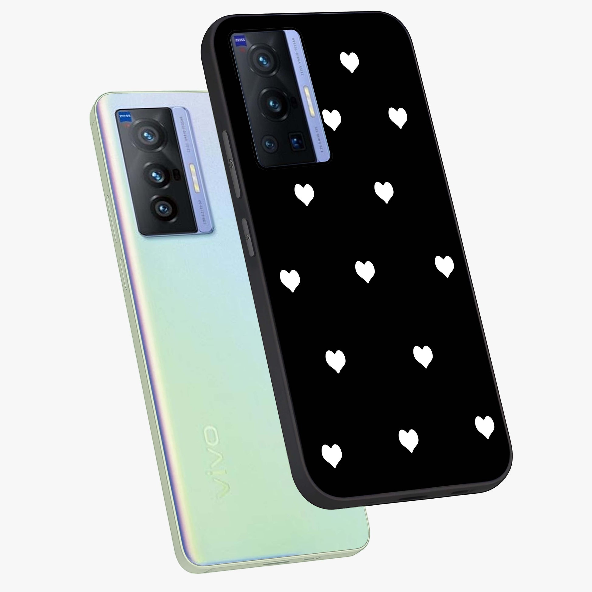 Cute And Simple White Hearts Glass Case displayed in angled mockup highlighting cute heart design with clean aesthetic style.