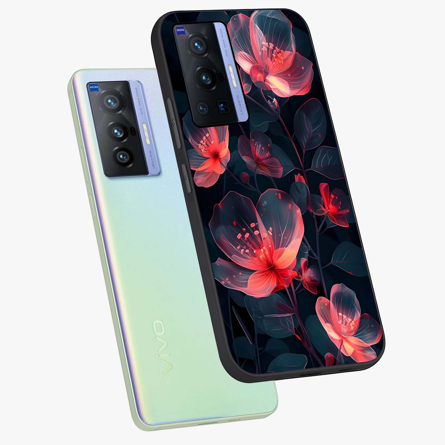 Dark Shade of Flower Glass Case displayed in angled mockup highlighting moody floral illustration with aesthetic dark tones.