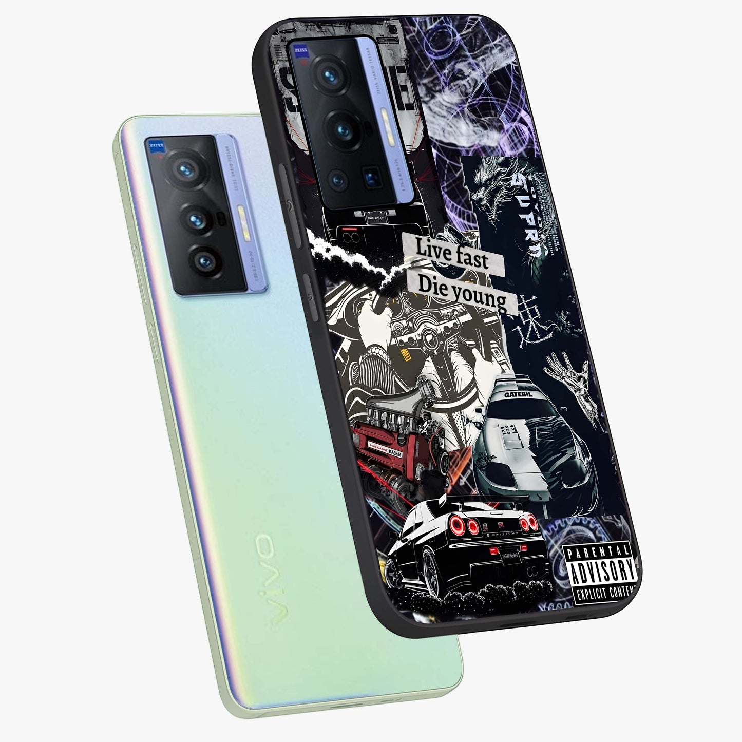 Die Young Glass Case displayed in angled mockup highlighting expressive graphic artwork with edgy aesthetic style.