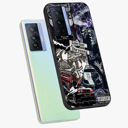 Die Young Glass Case displayed in angled mockup highlighting expressive graphic artwork with edgy aesthetic style.