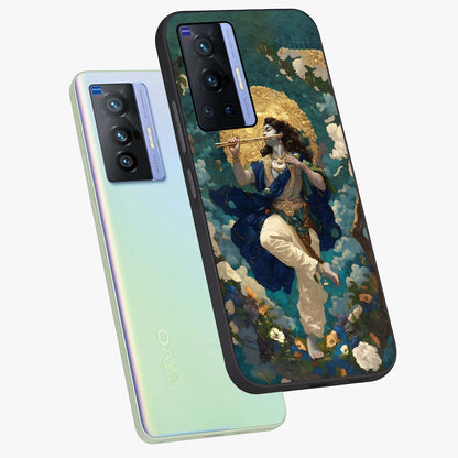 Divine Krishna Art Glass Case displayed in angled mockup highlighting spiritual Krishna illustration with devotional aesthetic.