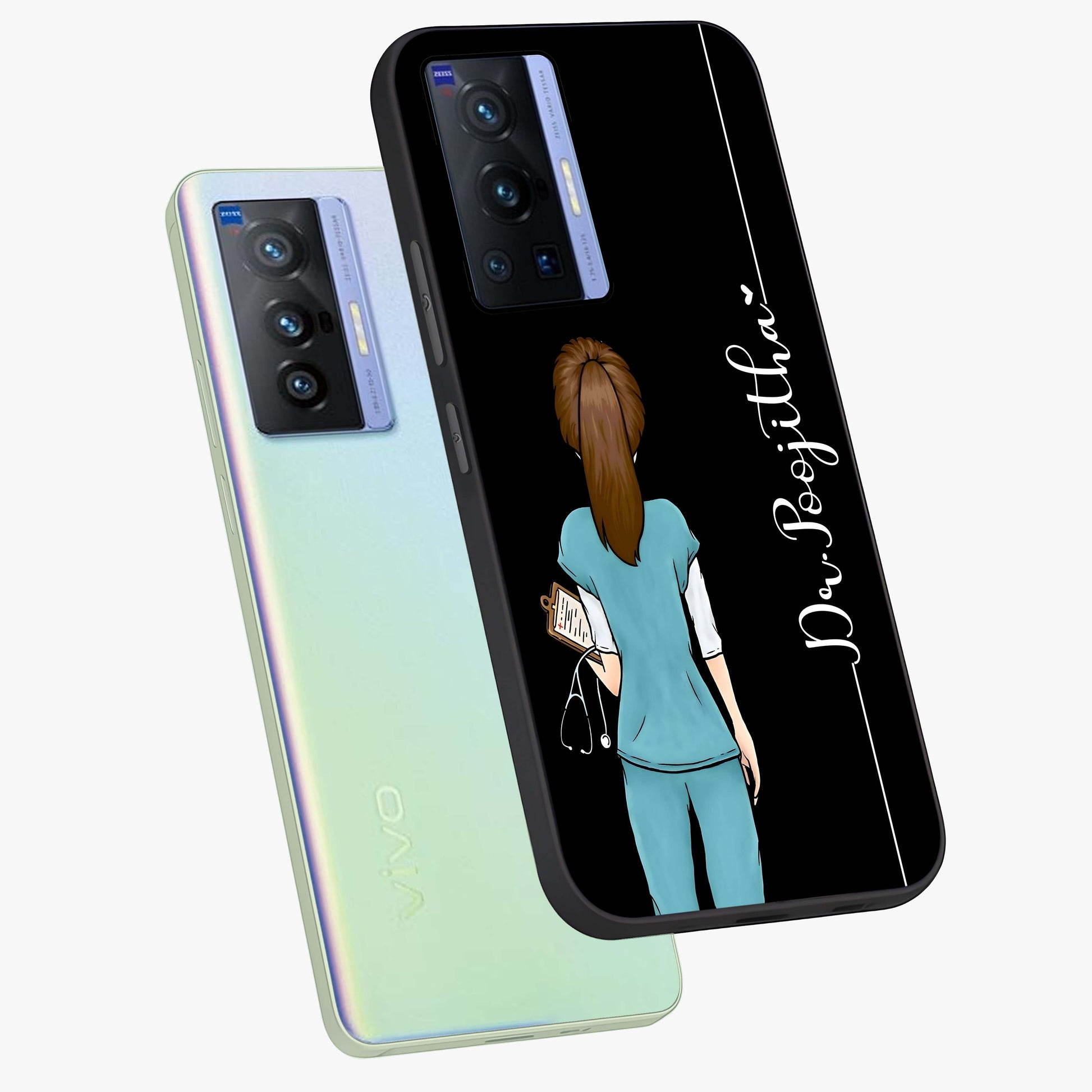 Doctor Pattern Custom Name Glass Case displayed in angled mockup highlighting doctor inspired artwork with custom name feature.