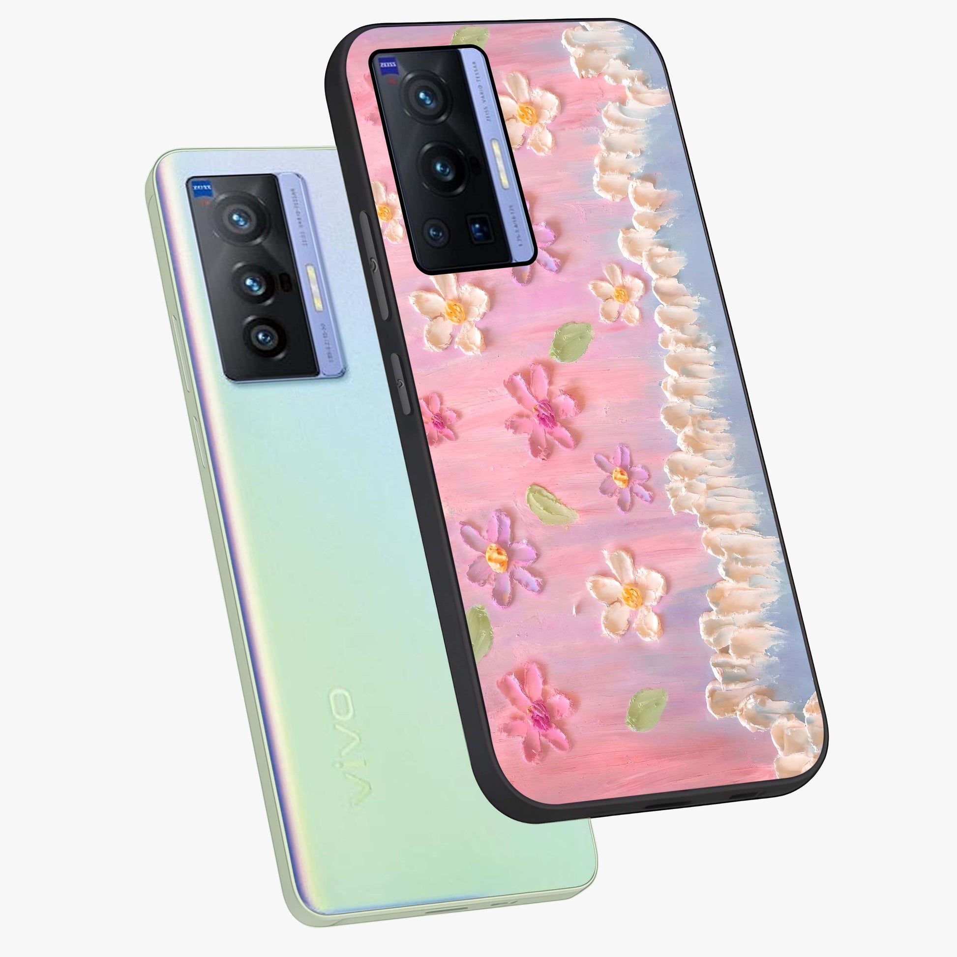 Dreamy Painted Garden Glass Case displayed in angled mockup highlighting colorful garden illustration with dreamy aesthetic style.